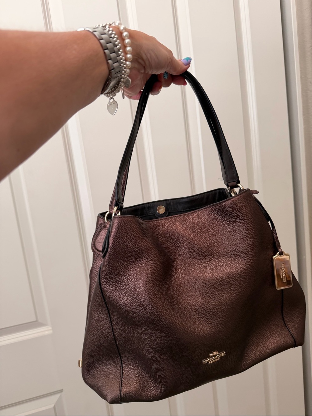 Coach Metallic Brown Pebbled Leather Shoulder Bag with Black Handles